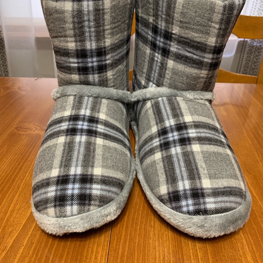 Womens Long Tall Sally Oxford Check Slipper Boots greys XL (12-14)